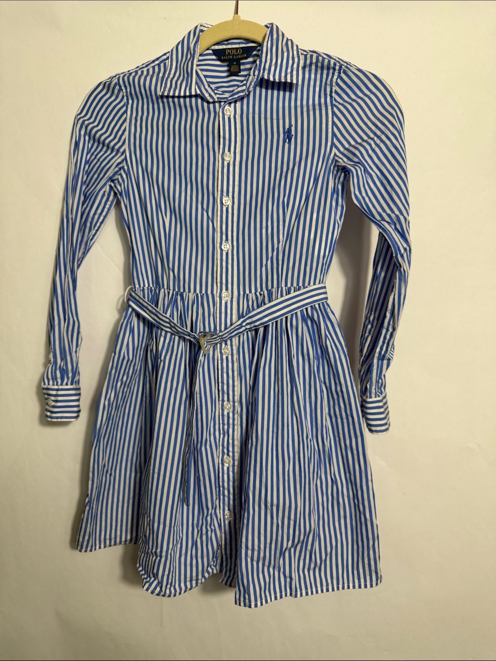 Polo Ralph Lauren Girls Blue & White Stripe Shirtdress Belted 10 Preppy nautical